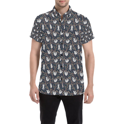 Sloth Happy Design Themed Print Men's Short Sleeve Button Up Shirt