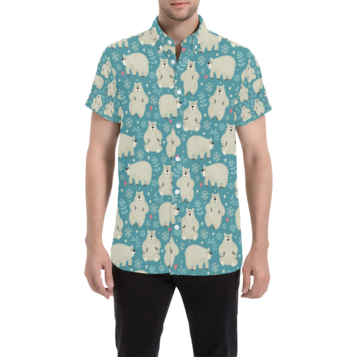 Bear Pattern Print Design BE04 Men's Short Sleeve Button Up Shirt