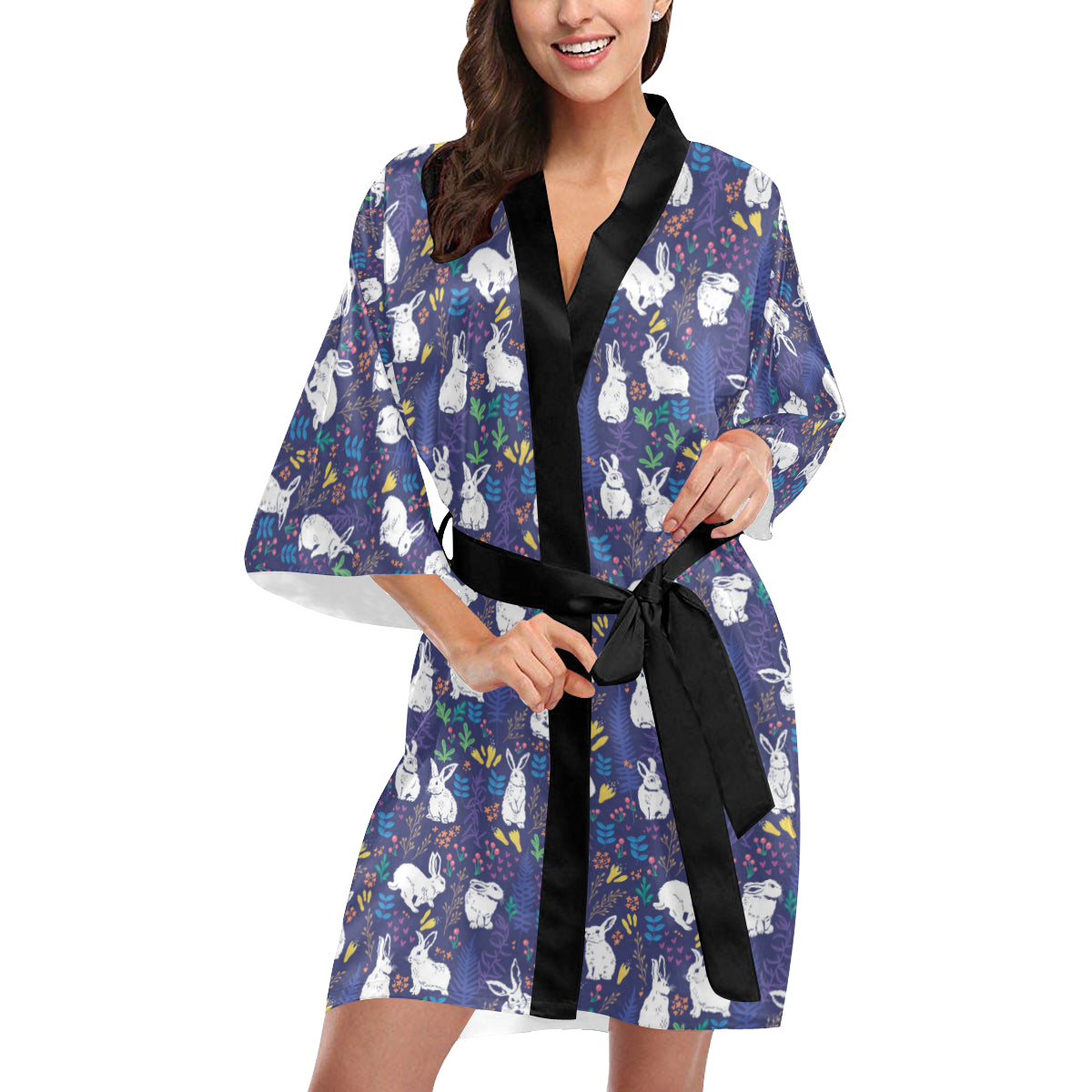 Bunny Pattern Print Design 01 Women's Short Kimono
