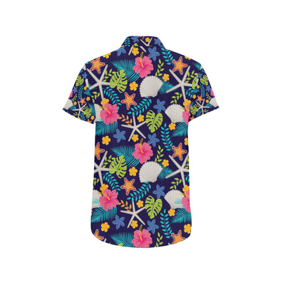 Beach Seashell Floral Theme Men's Short Sleeve Button Up Shirt