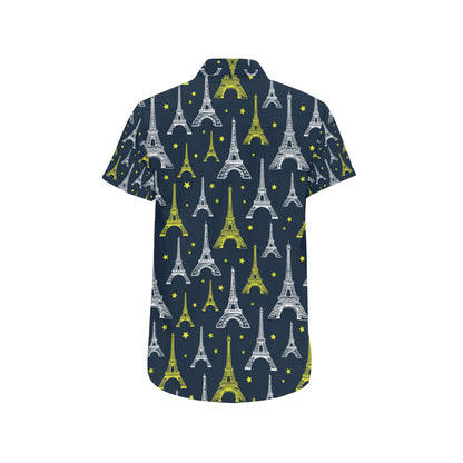 Eiffel Tower Star Print Men's Short Sleeve Button Up Shirt