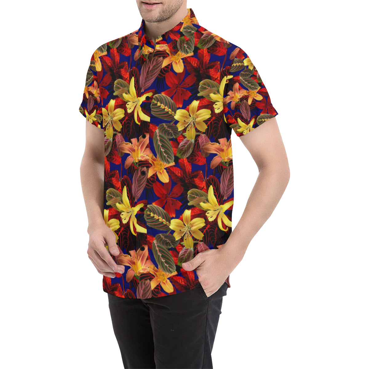 Lily Pattern Print Design LY014 Men's Short Sleeve Button Up Shirt