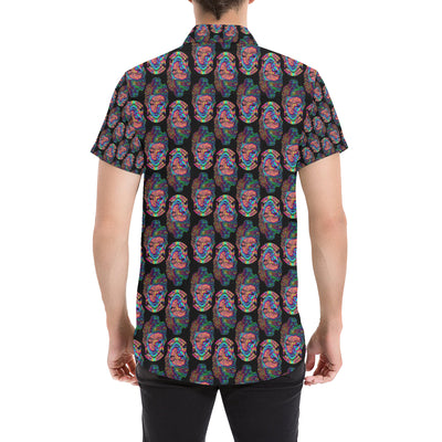 Buddha Head Colorful Print Men's Short Sleeve Button Up Shirt