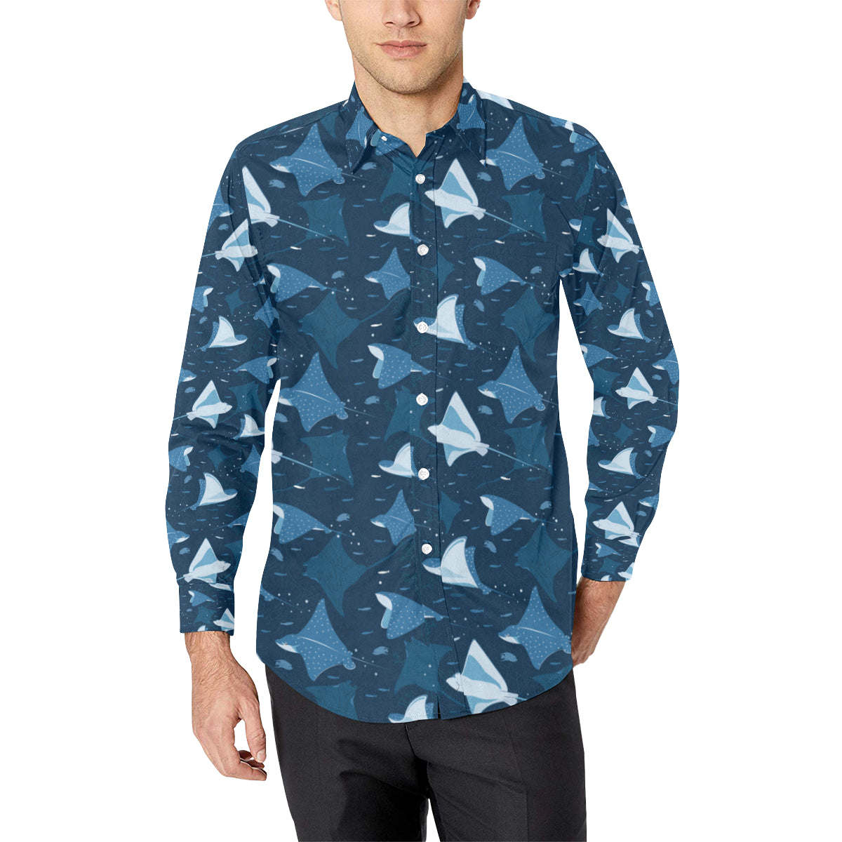 Manta Ray Pattern Print Design 02 Men's Long Sleeve Shirt