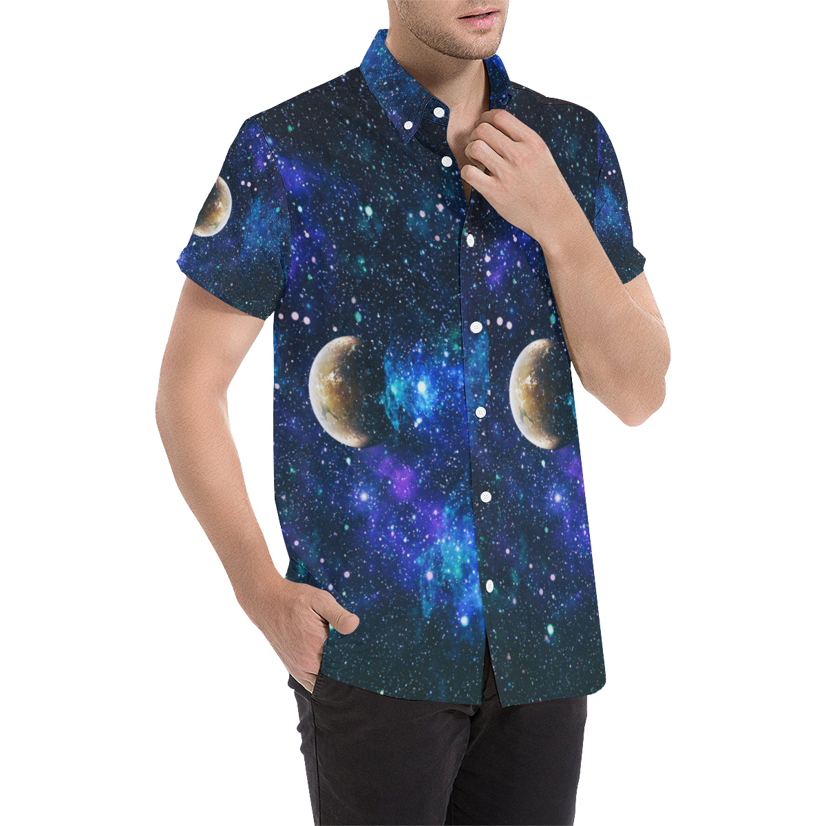 Galaxy Stardust Planet Space Print Men's Short Sleeve Button Up Shirt