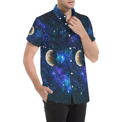 Galaxy Stardust Planet Space Print Men's Short Sleeve Button Up Shirt