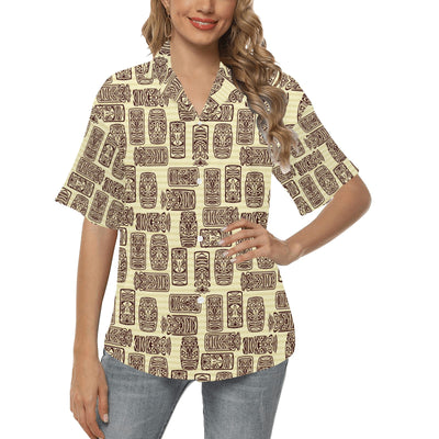 Tiki Brown Mask Print Women's Hawaiian Shirt