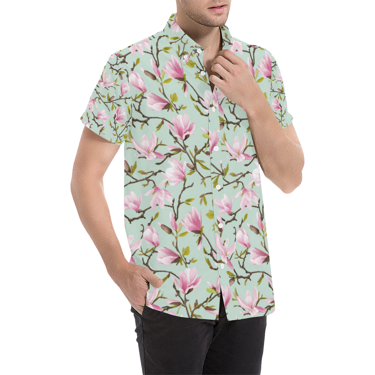 Magnolia Pattern Print Design MAG04 Men's Short Sleeve Button Up Shirt