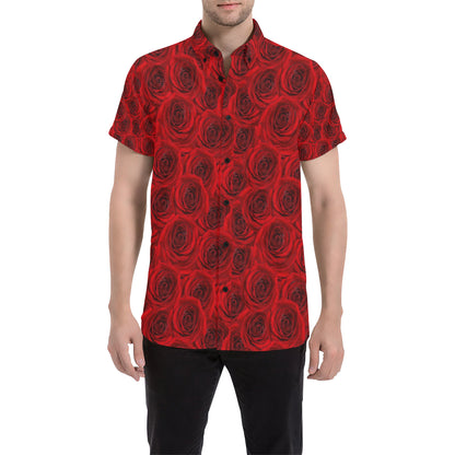 Rose Red Pattern Print Design RO04 Men's Short Sleeve Button Up Shirt