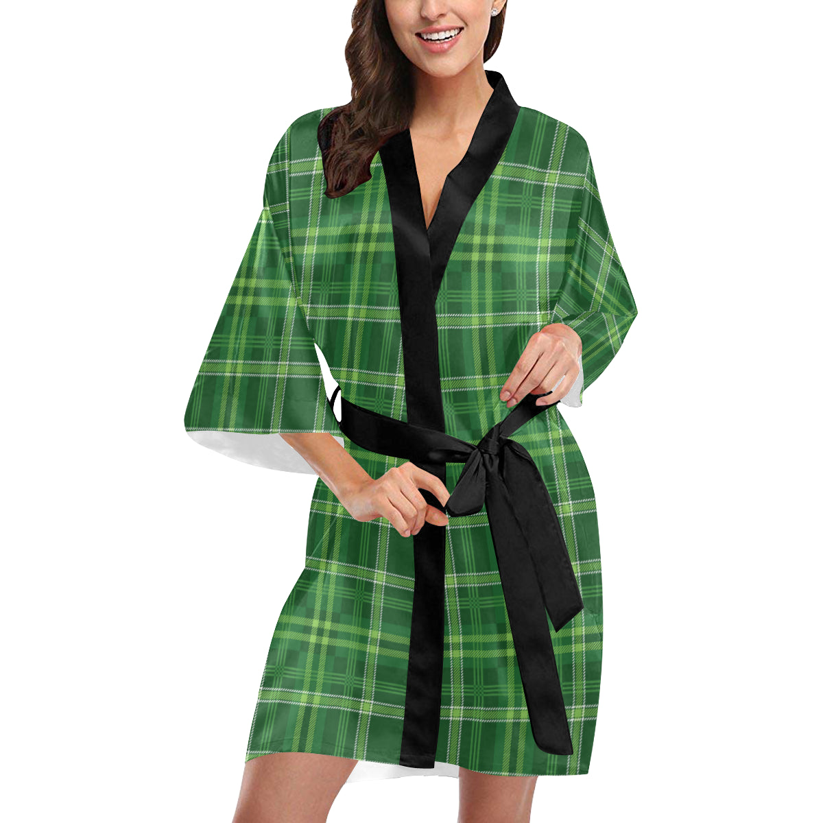 Irish Plaid Pattern Print Design 02 Women's Short Kimono