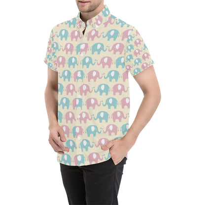 Elephant Baby Pastel Print Pattern Men's Short Sleeve Button Up Shirt