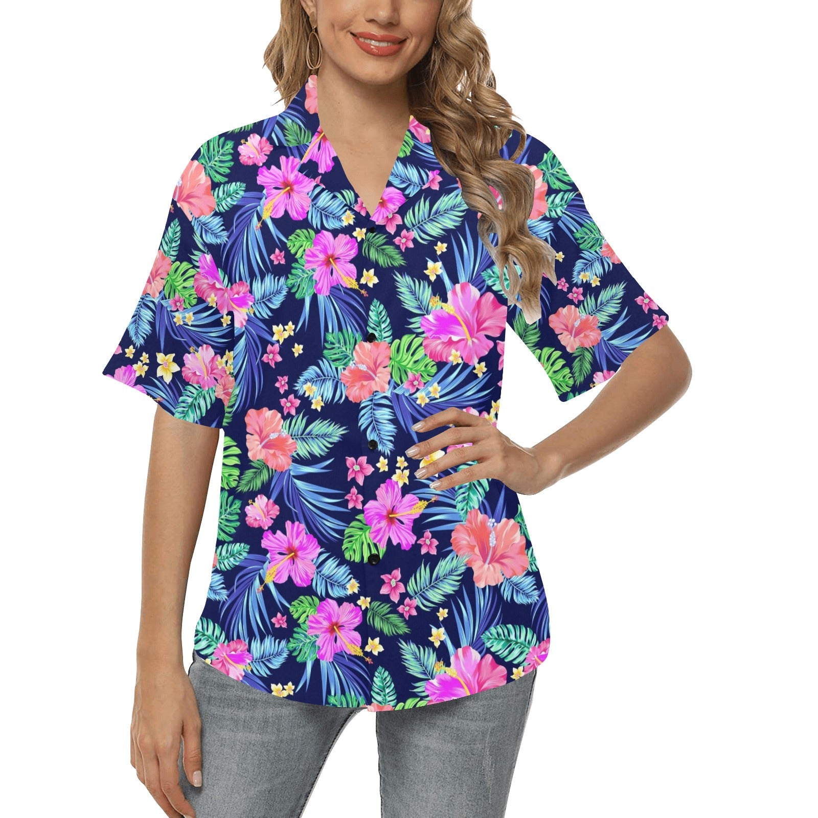 Neon Hibiscus Pattern Print Design HB016 Women's Hawaiian Shirt