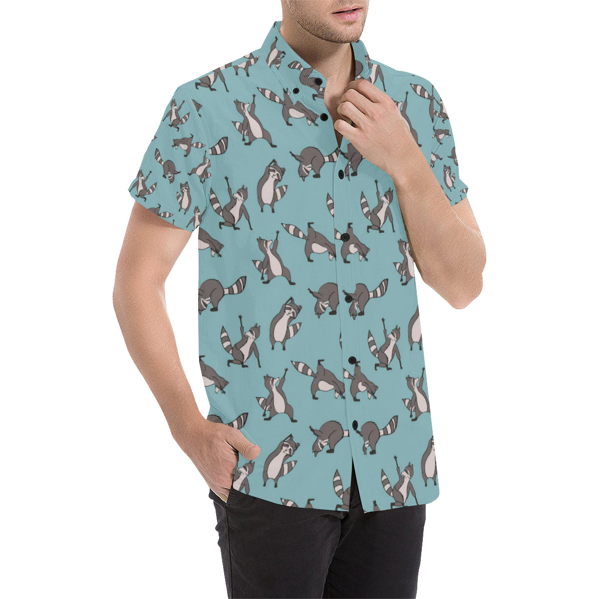 Raccoon Pattern Print Design A07 Men's Short Sleeve Button Up Shirt