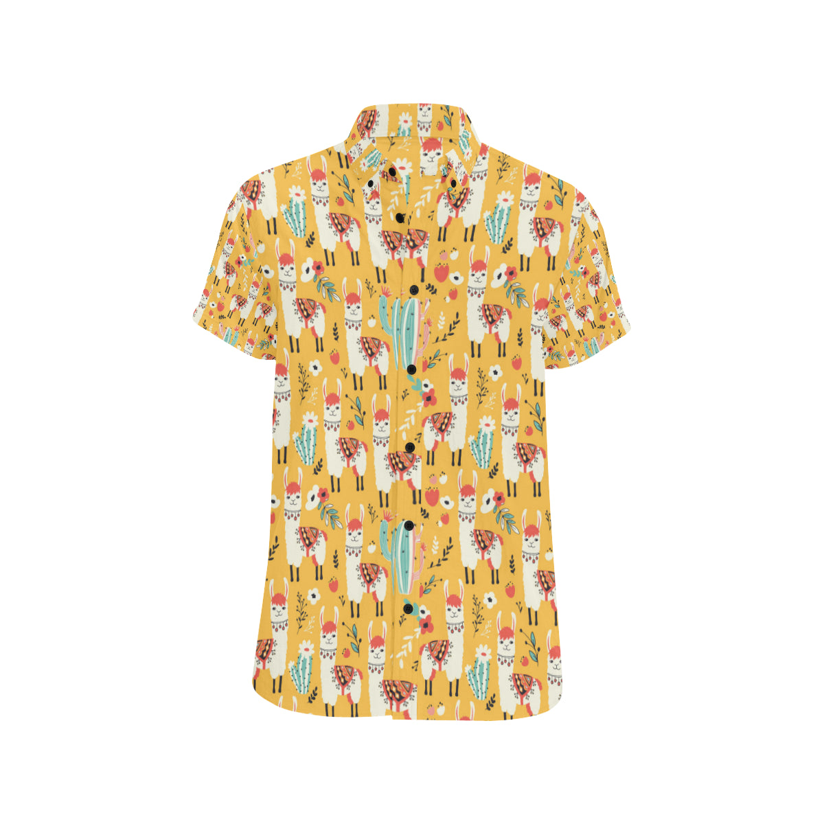 Llama Cute Themed Print Men's Short Sleeve Button Up Shirt