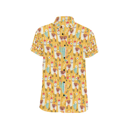 Llama Cute Themed Print Men's Short Sleeve Button Up Shirt