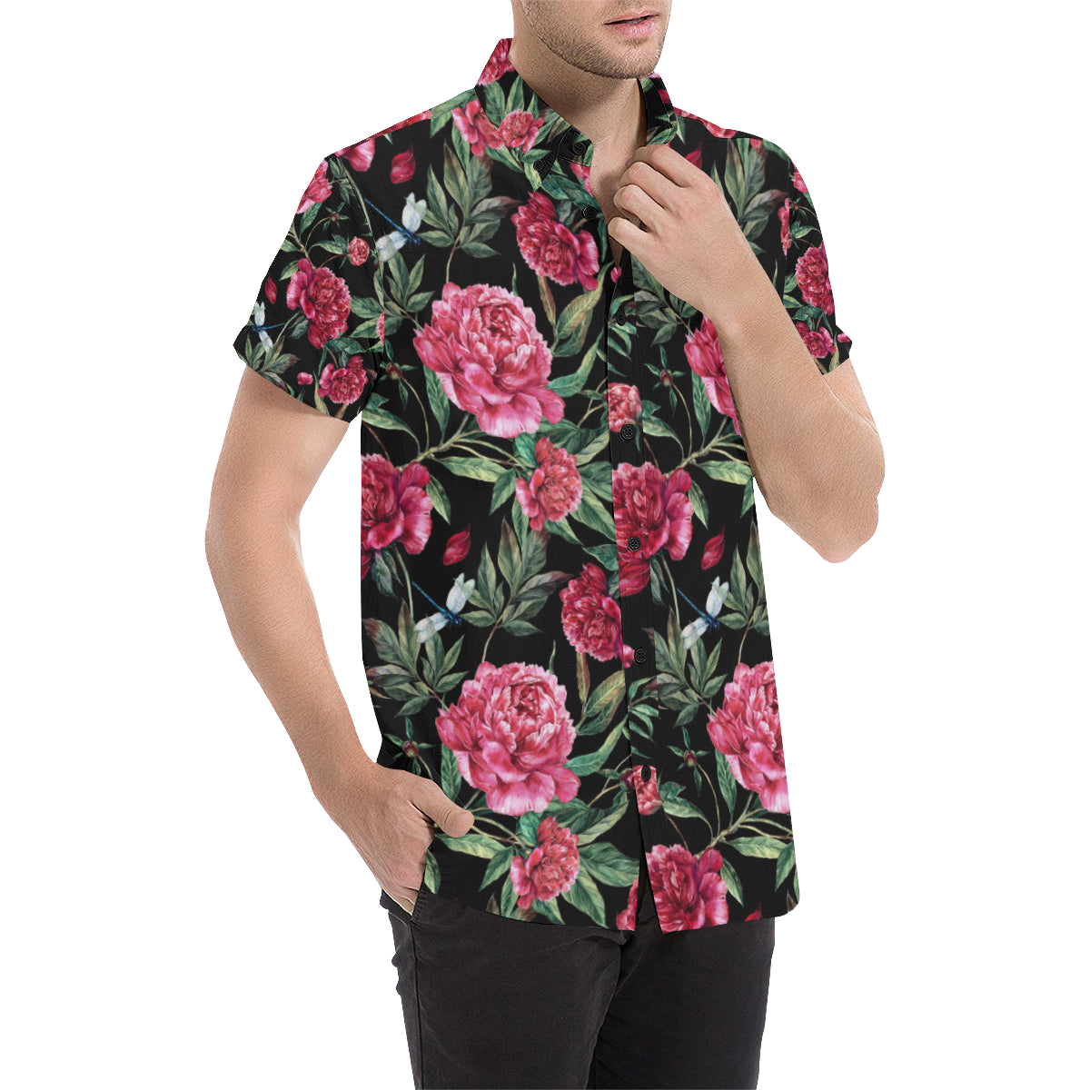Peony Pattern Print Design PE04 Men's Short Sleeve Button Up Shirt