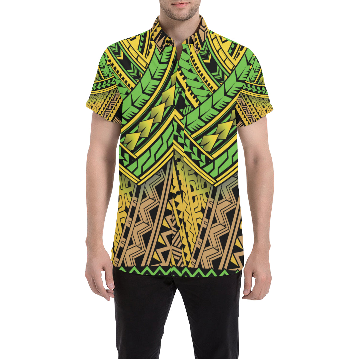 Polynesian Tribal Color Men's Short Sleeve Button Up Shirt