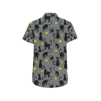 Black Cat Yellow Yarn Print Pattern Men's Short Sleeve Button Up Shirt
