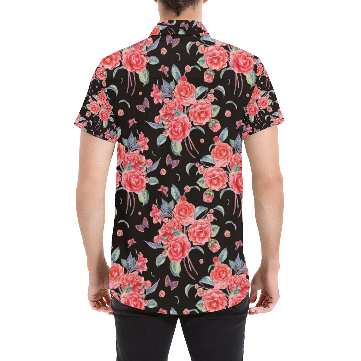 Camellia Pattern Print Design CM03 Men's Short Sleeve Button Up Shirt