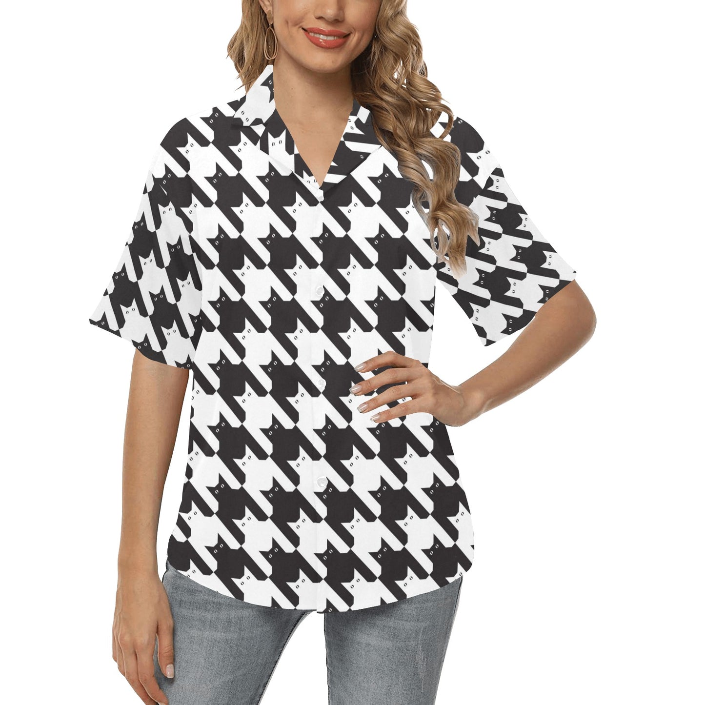 Cat HoundstoothPattern Print Design 01 Women's Hawaiian Shirt