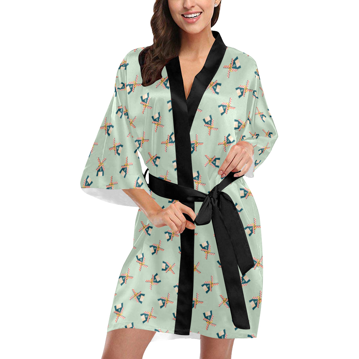 Windmill Pattern Print Design 02 Women's Short Kimono