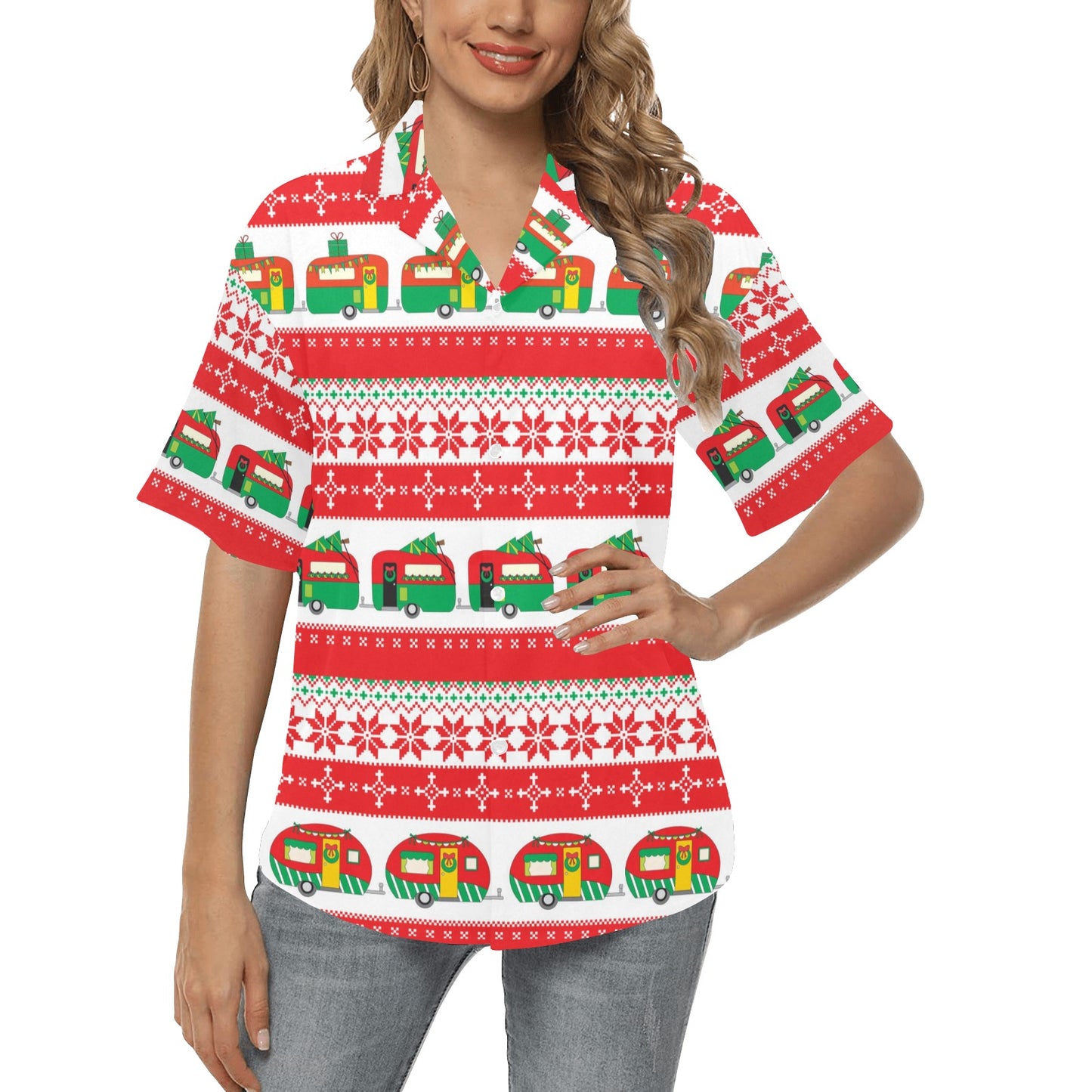 Camper Camping Ugly Christmas Design Print Women's Hawaiian Shirt