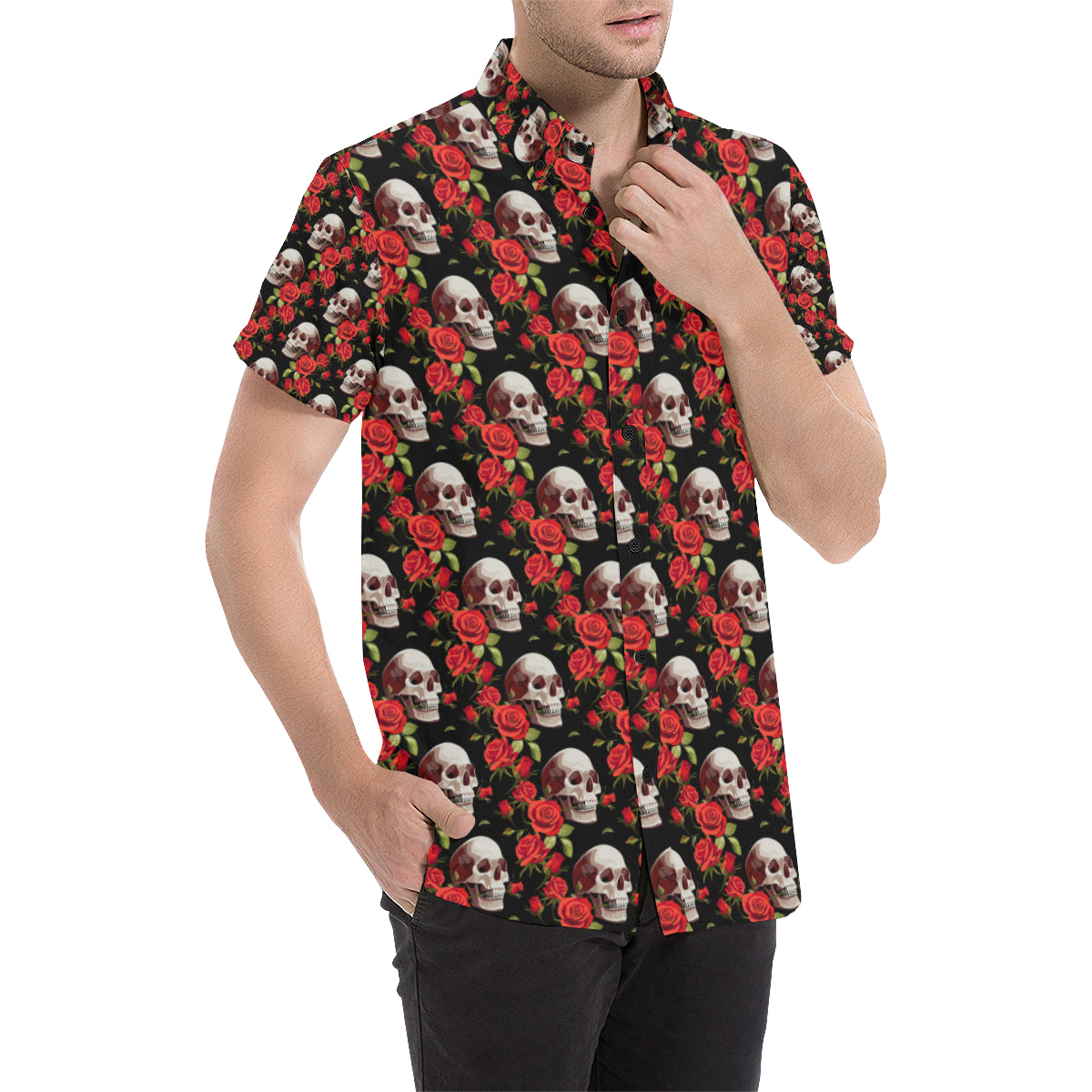 Red Rose Skull Design Print Men's Short Sleeve Button Up Shirt