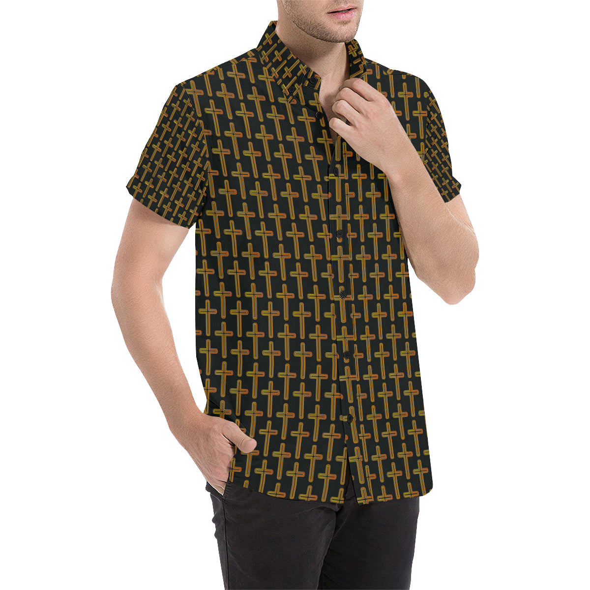 Cross Pattern Print Design 02 Men's Short Sleeve Button Up Shirt