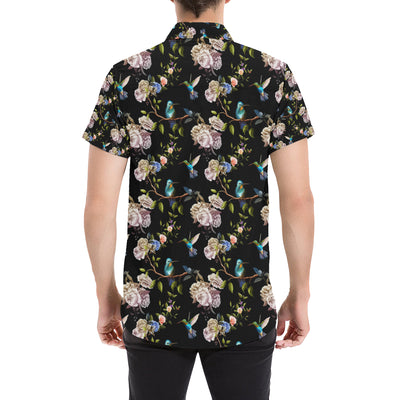 Hummingbird Flower Themed Print Men's Short Sleeve Button Up Shirt