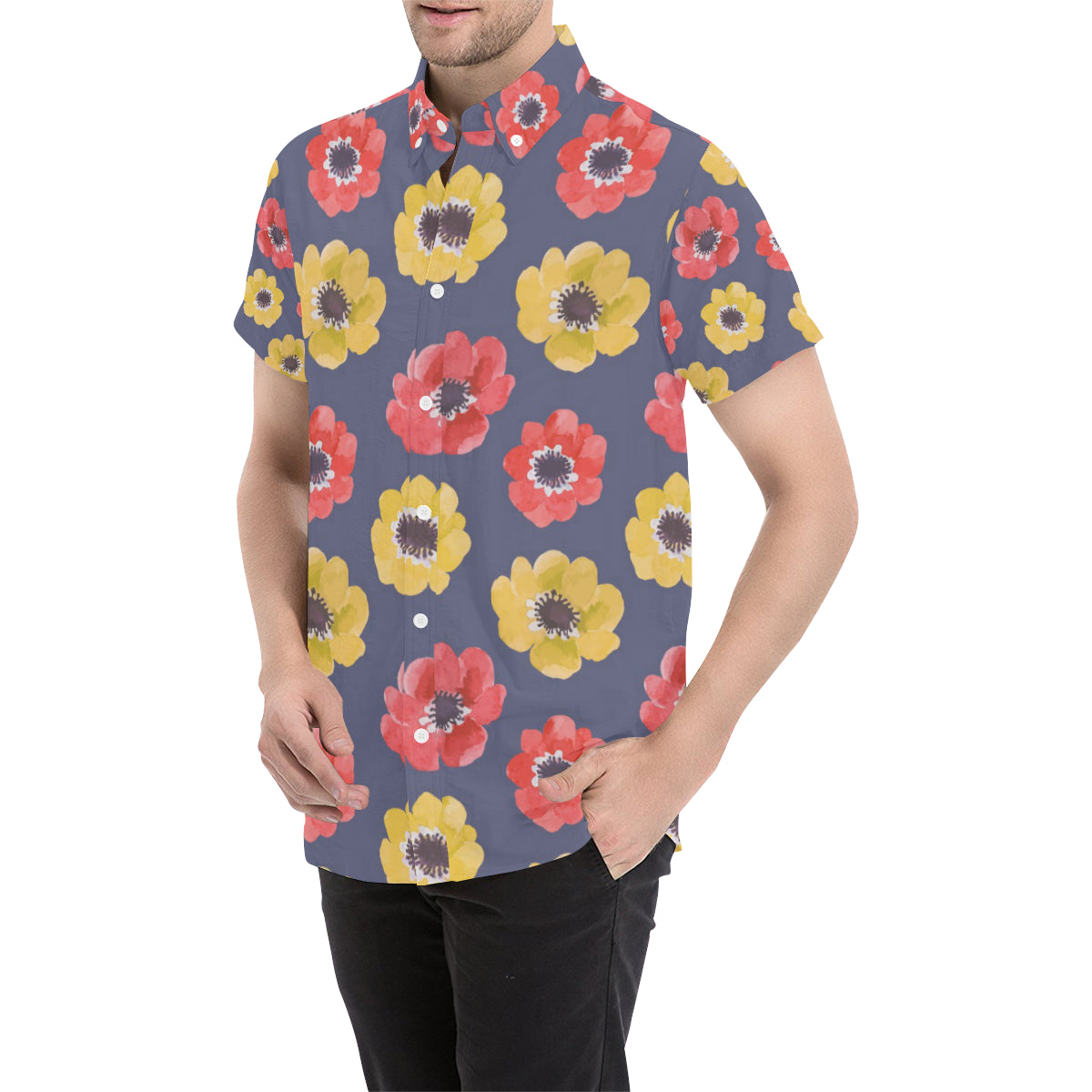 Anemone Pattern Print Design AM010 Men's Short Sleeve Button Up Shirt