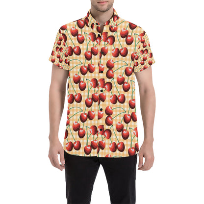 Cherry Orange Plaid Print Men's Short Sleeve Button Up Shirt