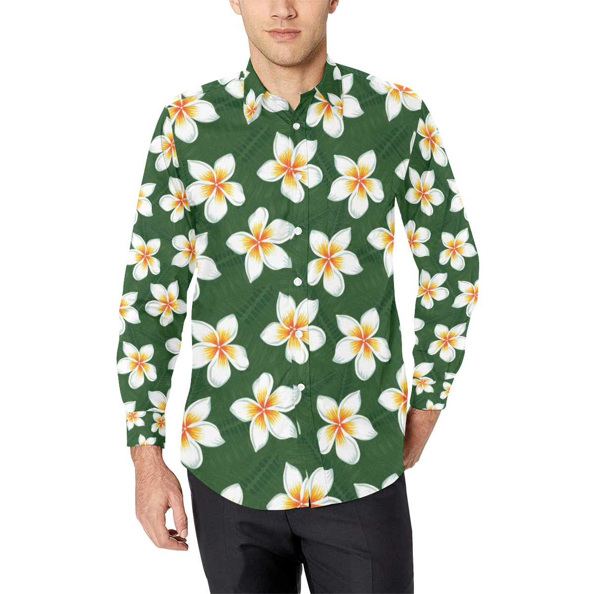 White Plumeria Pattern Print Design PM020 Men's Long Sleeve Shirt