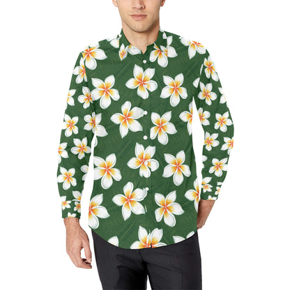White Plumeria Pattern Print Design PM020 Men's Long Sleeve Shirt