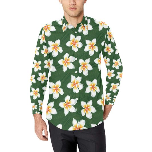 White Plumeria Pattern Print Design PM020 Men's Long Sleeve Shirt
