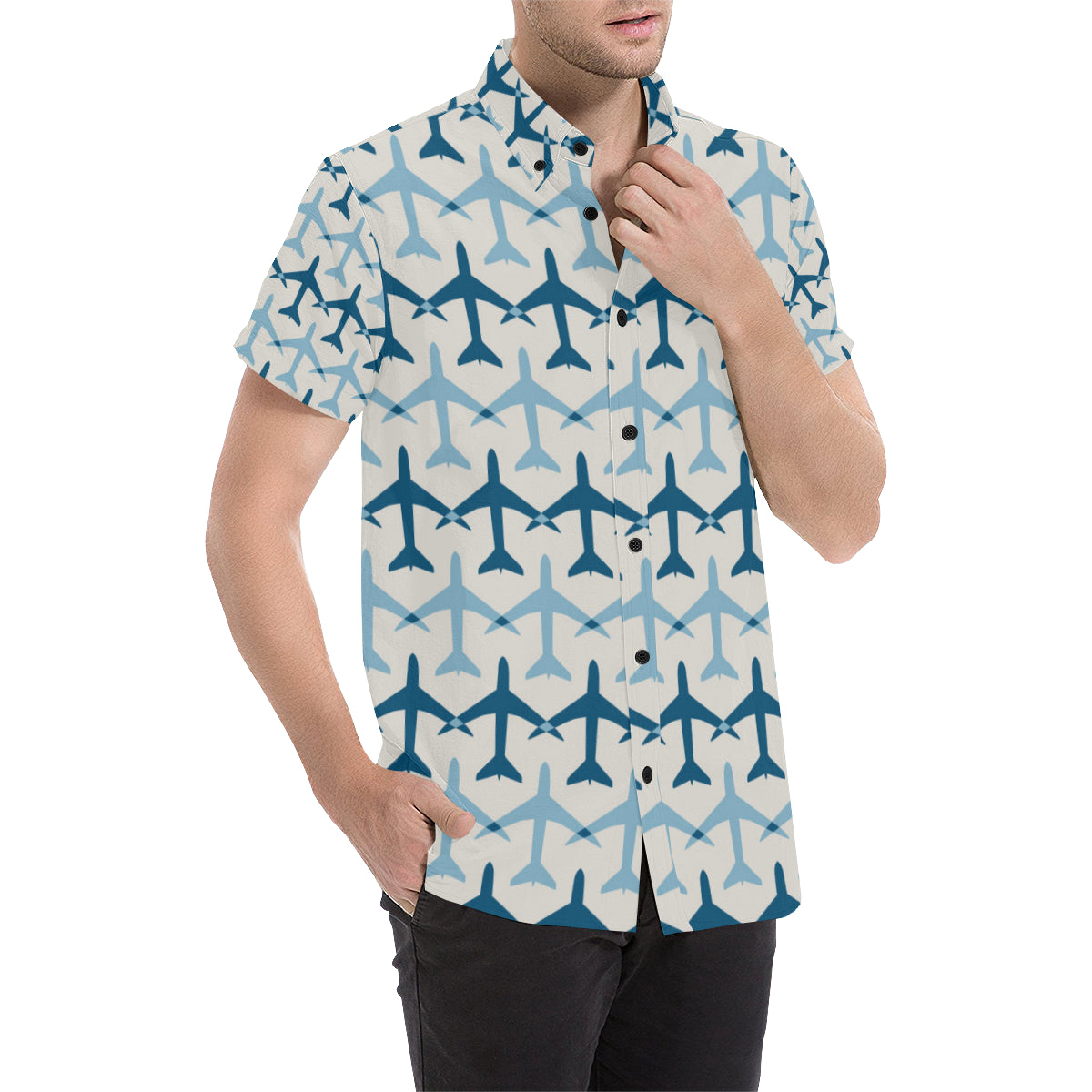 Airplane Pattern Print Design 04 Men's Short Sleeve Button Up Shirt