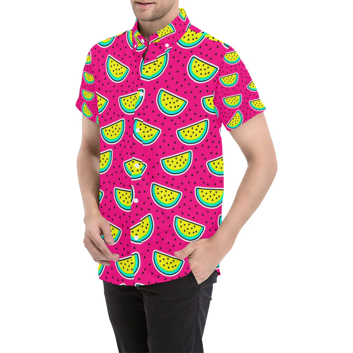 Watermelon Pattern Print Design WM04 Men's Short Sleeve Button Up Shirt