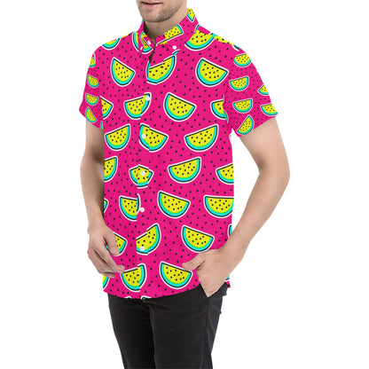 Watermelon Pattern Print Design WM04 Men's Short Sleeve Button Up Shirt