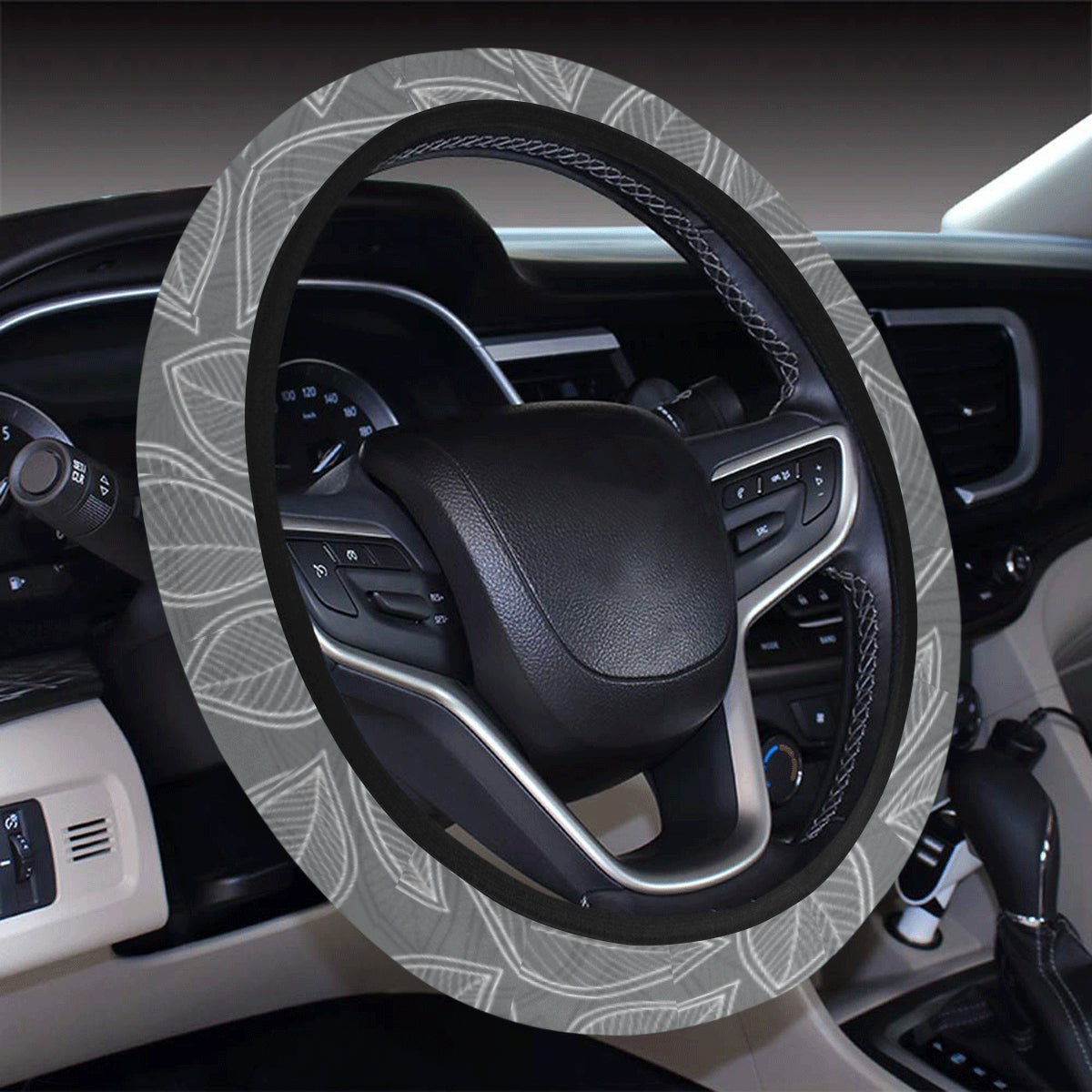 Elm Leave Grey Print Pattern Steering Wheel Cover with Elastic Edge