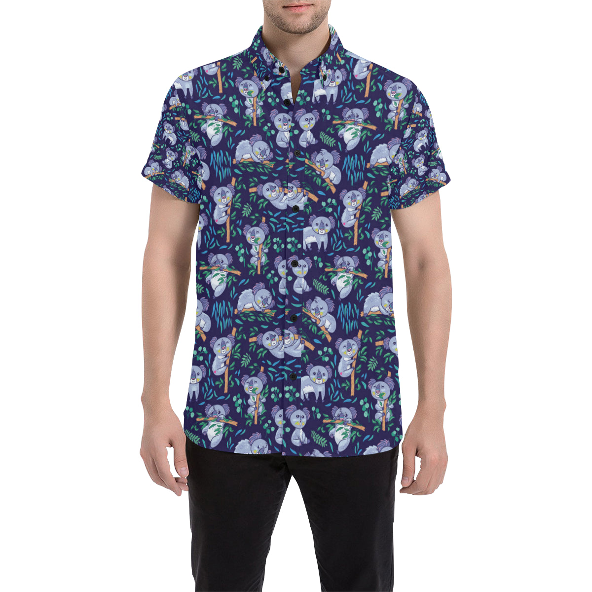 Koala Themed Design Print Men's Short Sleeve Button Up Shirt