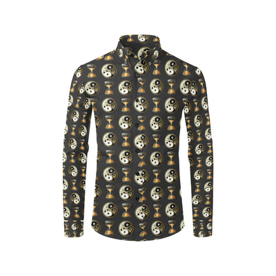 Yin Yang Skull Themed Design Print Men's Long Sleeve Shirt