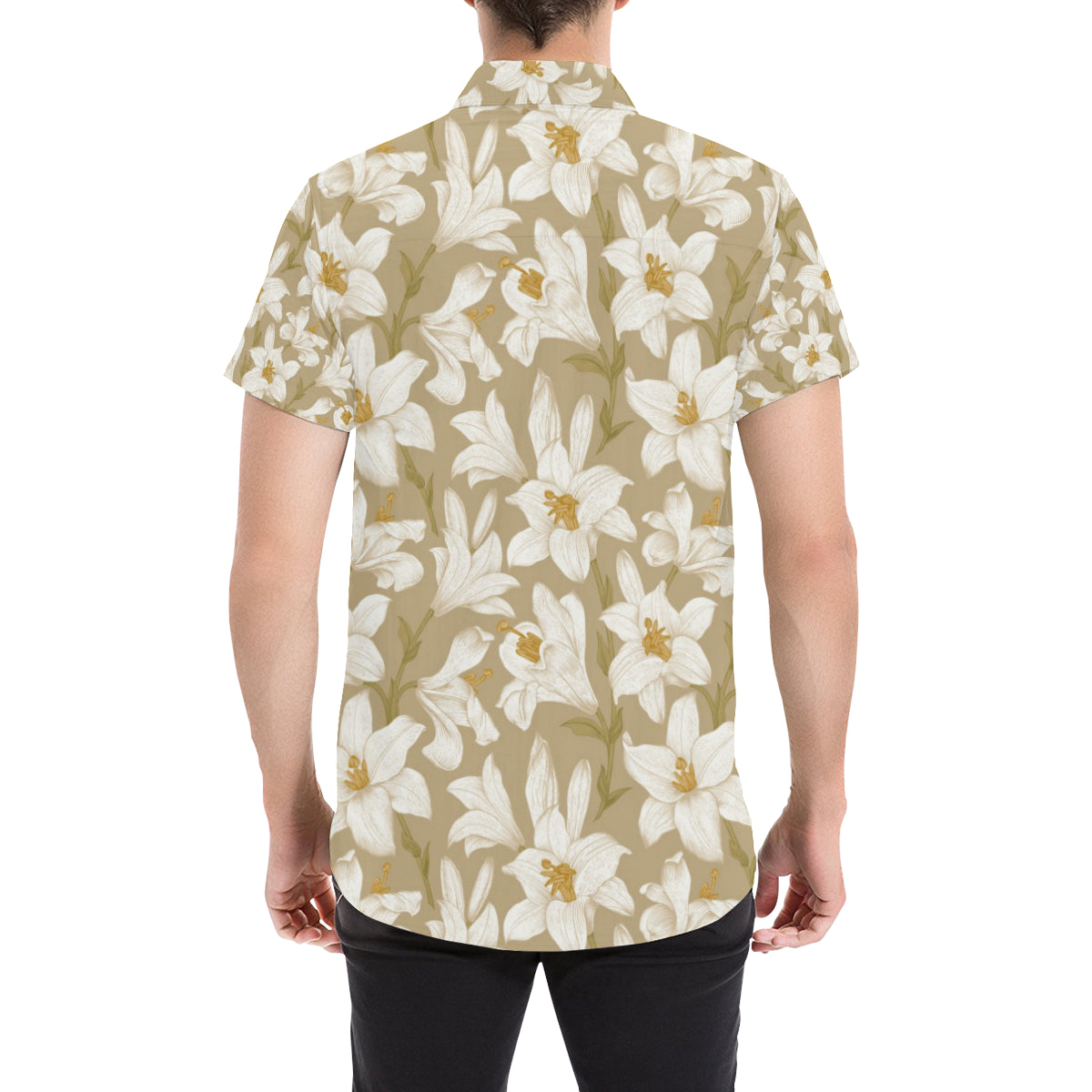 Lily Pattern Print Design LY07 Men's Short Sleeve Button Up Shirt