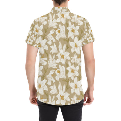 Lily Pattern Print Design LY07 Men's Short Sleeve Button Up Shirt
