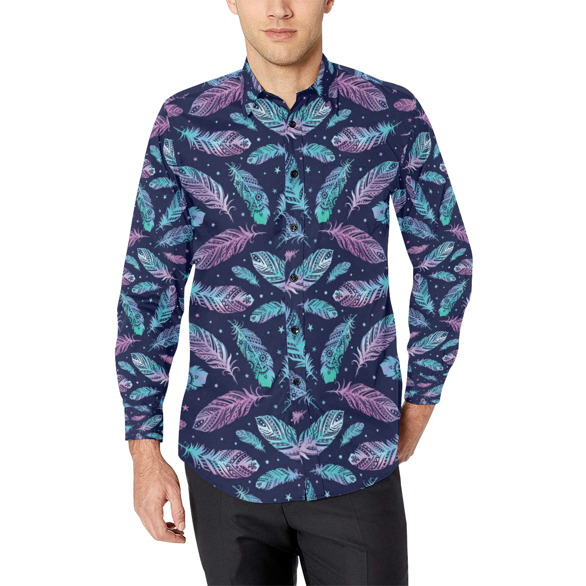 Feather Aztec Design Print Men's Long Sleeve Shirt