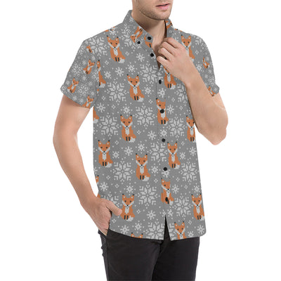 Knit Red Fox Pattern Print Design 02 Men's Short Sleeve Button Up Shirt