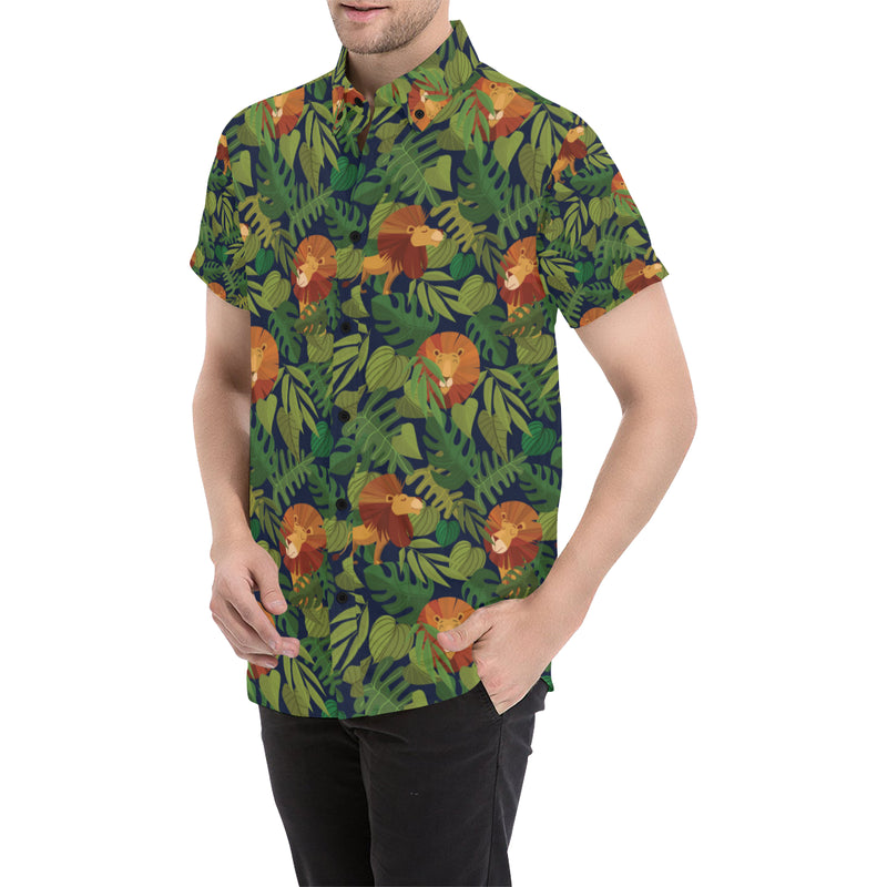 Lion Jungle Pattern Print Design 05 Men's Short Sleeve Button Up Shirt