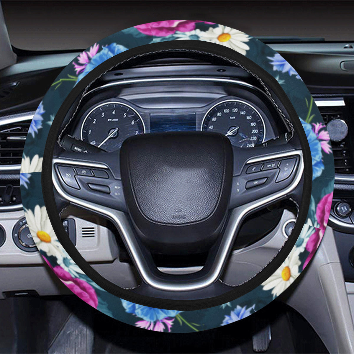 Floral Blue Themed Print Steering Wheel Cover with Elastic Edge