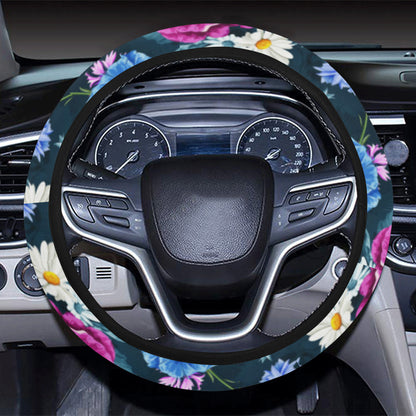 Floral Blue Themed Print Steering Wheel Cover with Elastic Edge