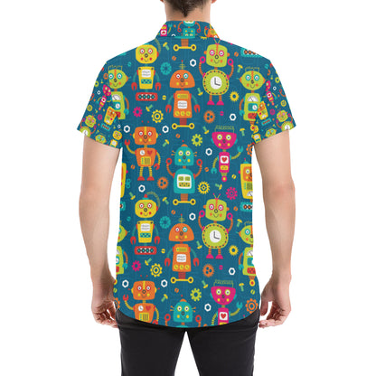 Robot Pattern Print Design A04 Men's Short Sleeve Button Up Shirt