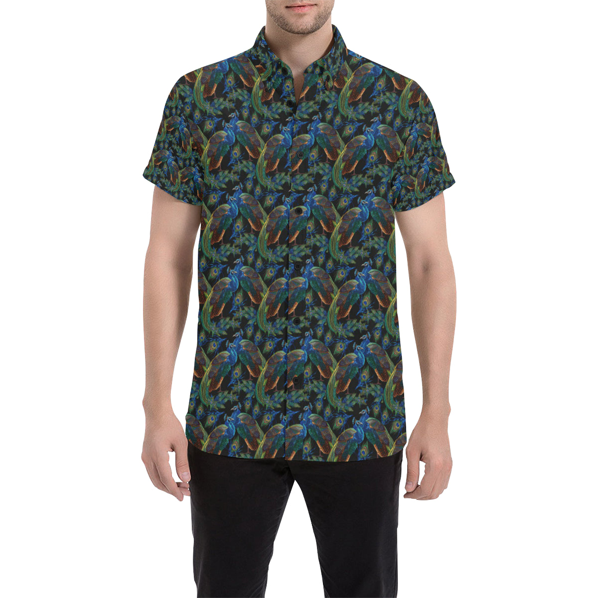 Peacock Themed Design Print Men's Short Sleeve Button Up Shirt