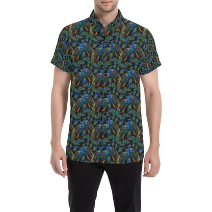 Peacock Themed Design Print Men's Short Sleeve Button Up Shirt